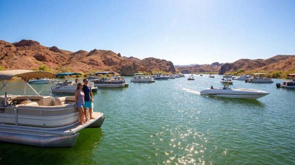 Recreational boats anchored on the Colorado River Parker Strip on a sunny summer afternoon