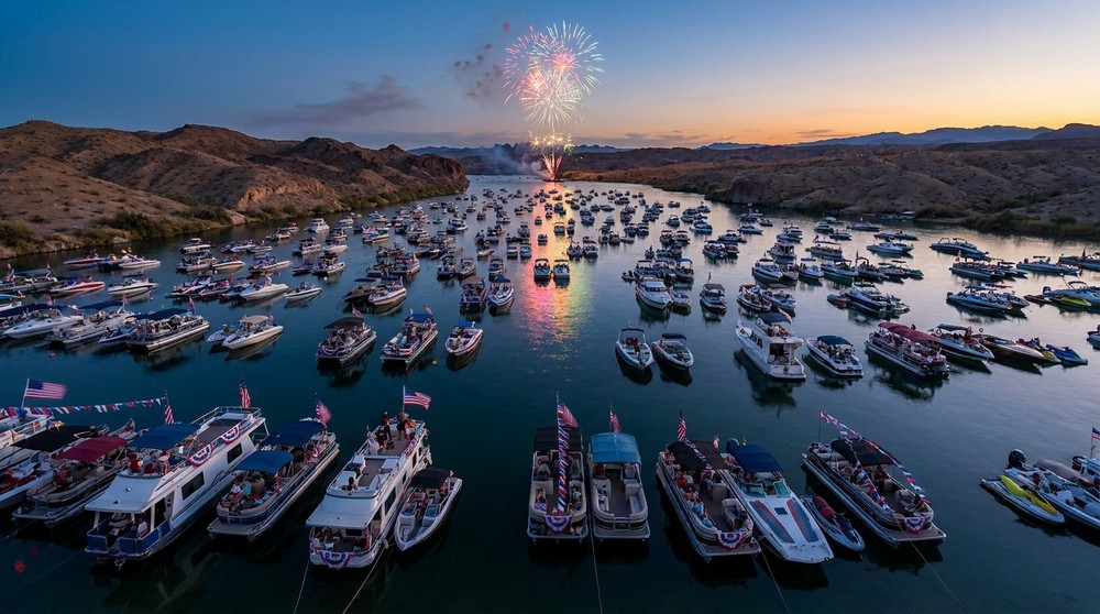 Boats crowding the Colorado River near Parker Arizona during 4th of July celebrations at dusk